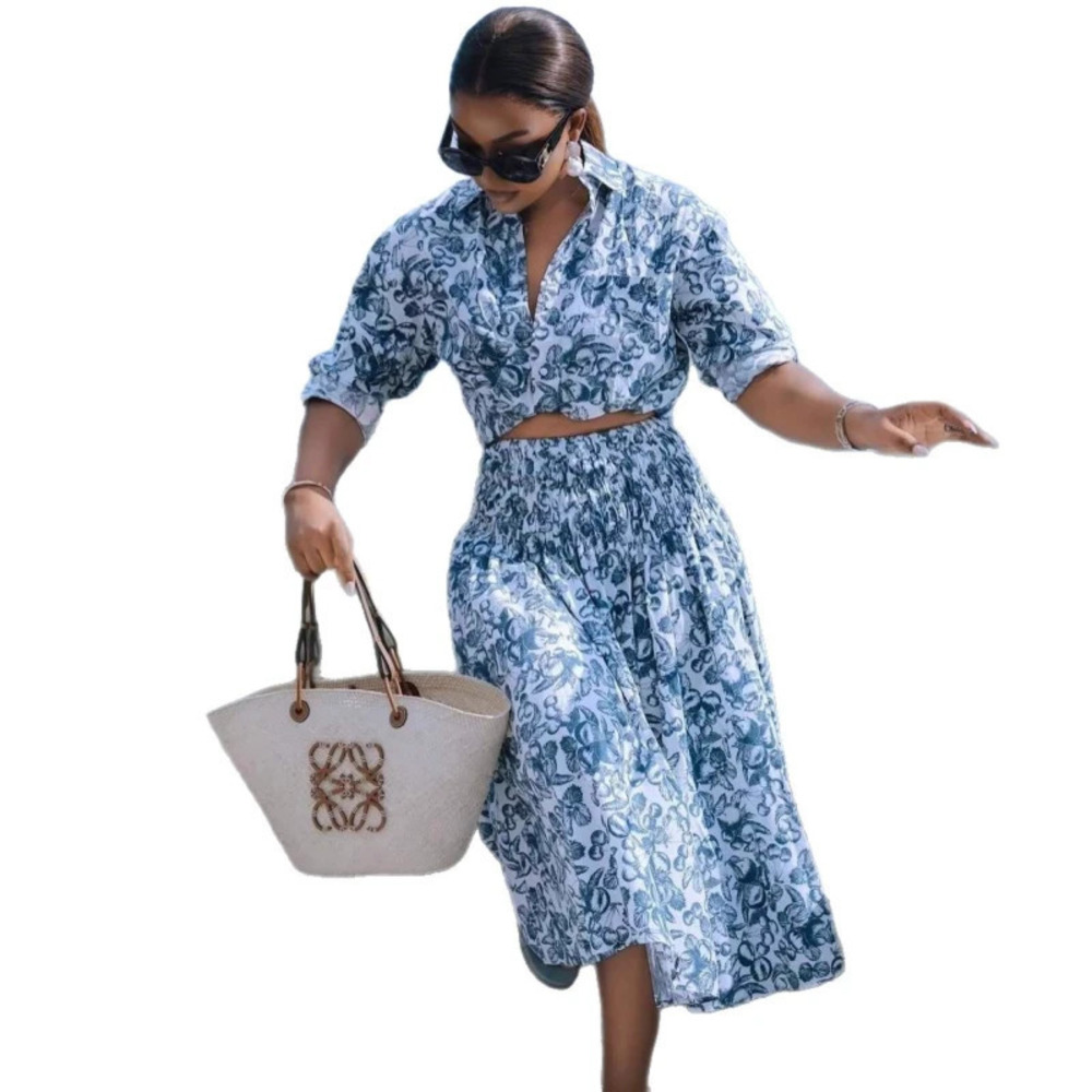 ZARA French Fitted Waist Lapel Print Crop Top and African Elegant Skirt Set